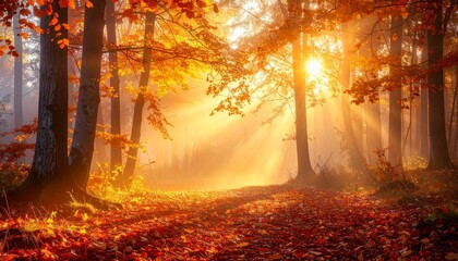 Misty early morning autumn forest with golden sunlight filtering through trees