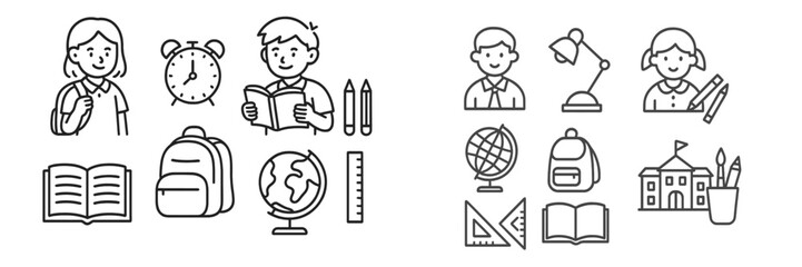 Modern collection of school education supplies, student characters, and academic tools for learning and study concepts