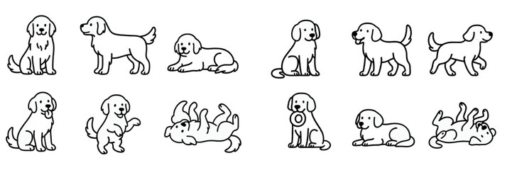 Collection of adorable puppy characters in various playful poses and actions, a charming set of cute domestic dog illustrations in a simple line art style