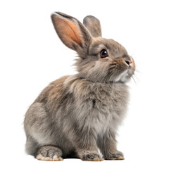 A small fluffy grey brown rabbit sitting and looking up attentively isolated on transparent background