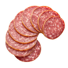 Thinly sliced italian salami arranged in a curved stack isolated on transparent background