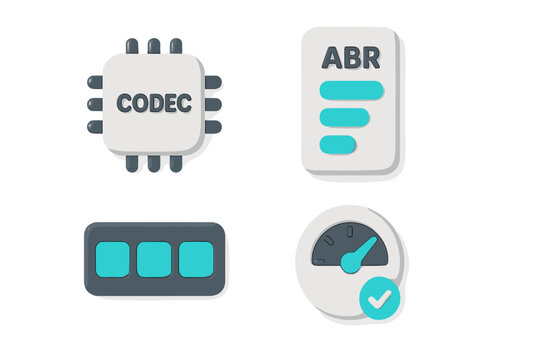 Set of digital technology icons representing data processing, adaptive bitrate streaming, and system performance measurement