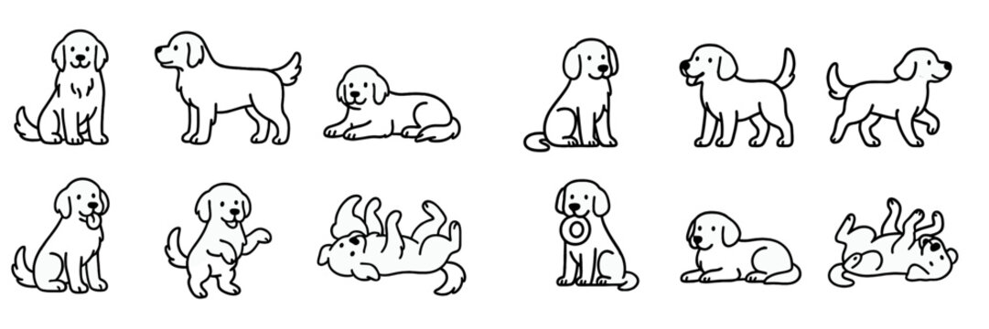 Collection of adorable puppy characters in various playful poses and actions, a charming set of cute domestic dog illustrations in a simple line art style