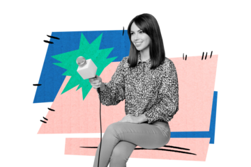 Composite trend artwork sketch image photo collage of monochrome young lady hairdo style journalist broadcasting hold microphone interview