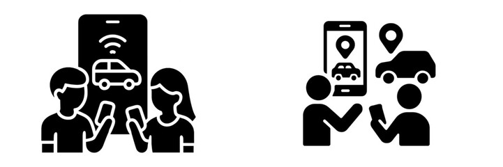 Car sharing and ride hailing service glyph icons set with people using mobile app for smart transportation technology
