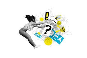 Composite photo collage of happy girl jump light bulb idea finding faceless mouth scream solution...