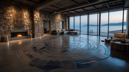 Modern stone villa interior, open-plan living space with a circular maze floor design, and expansive ocean views