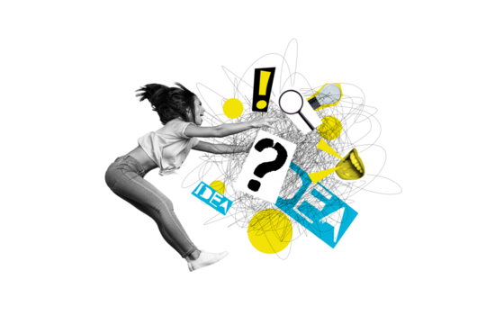 Composite photo collage of happy girl jump light bulb idea finding faceless mouth scream solution plan isolated on painted background