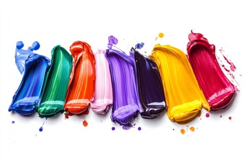 Thick, vibrant strokes of colorful paint create a rainbow effect against a clean white backdrop, suggesting artistic expression and creativity