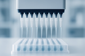 Dna structure research tool laboratory pipette tips above microplate