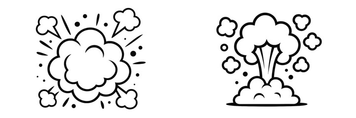 Set of cartoon explosion and comic smoke cloud icons in black and white line art style isolated on a white background