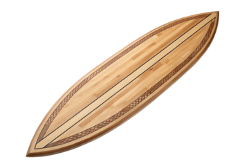 Handcrafted wooden surfboard with detailed patterns for unique ocean adventures and coastal style