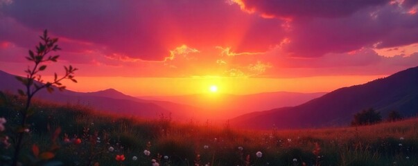 Golden hour sunrise paints the sky vibrant hues of orange, pink, and purple, casting a warm glow on the landscape Perfect for radio station branding or peaceful morning themes , golden hour, sky