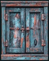 Vintage Weathered Wooden Door with Peeling Blue Paint on Black Background &ndash; Rustic Architectural Overlay, Old House Entrance Texture, Antique Door Visual