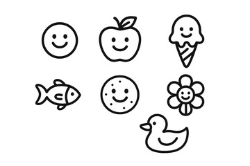 Set of cute smiling character icons including an apple, ice cream, fish, cookie, flower, and rubber duck in a simple black line art style