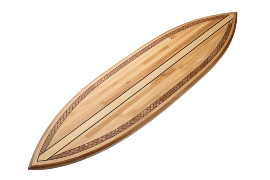 Handcrafted wooden surfboard with detailed patterns for unique ocean adventures and coastal style