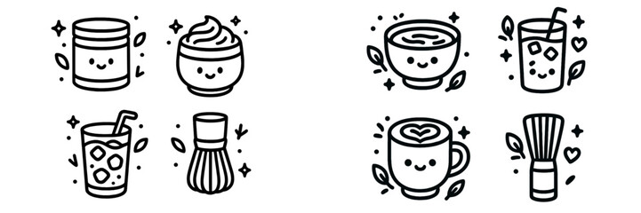 Kawaii matcha tea icon set with cute smiling faces in a simple black and white line art style featuring Japanese green tea beverages and cafe elements