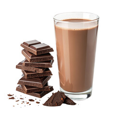 A tall glass of rich chocolate milk beverage next to a stack of dark chocolate bar pieces isolated on transparent background