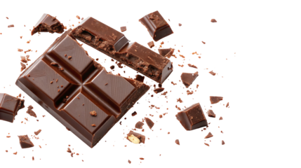 Delicious broken chocolate bar pieces with crumbs on a black isolated background for food lovers