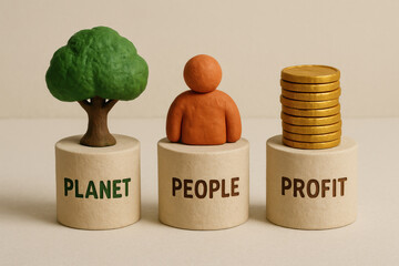 Planet people profit concept with clay model tree human and coin stack showing balance structure