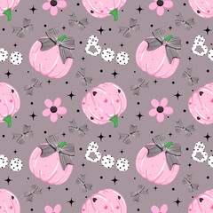 Seamless Coquette Pumpkin Pattern with Bows and Flowers