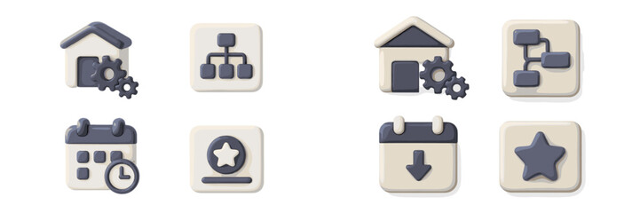 User interface icon set with volumetric business and management symbols including calendar, settings, flowchart, and favorite star for web and mobile application design