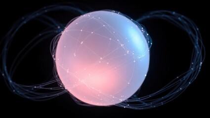 Glowing sphere surrounded by swirling lines and dots against a black background abstract design