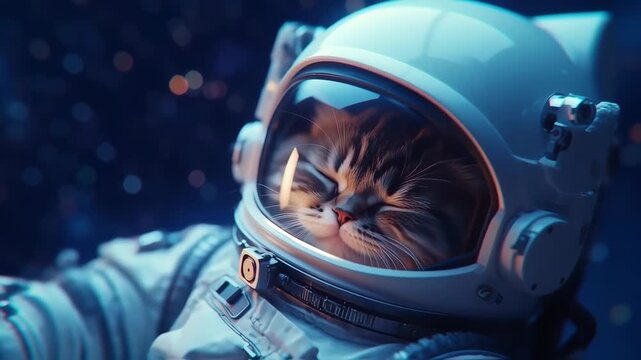 A cat in a spacesuit, asleep in outer space