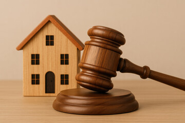 Wooden gavel and house model on table symbolizing real estate law and property auction