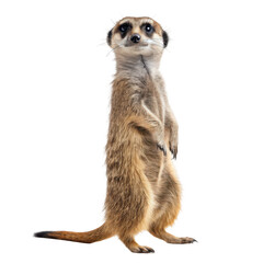 Alert meerkat standing upright on hind legs watching for danger isolated on transparent background