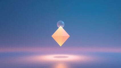 Abstract composition featuring a floating diamond shape and sphere against a blue background