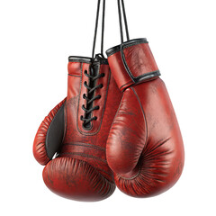 Vintage red leather boxing gloves hanging together with laces isolated on transparent background
