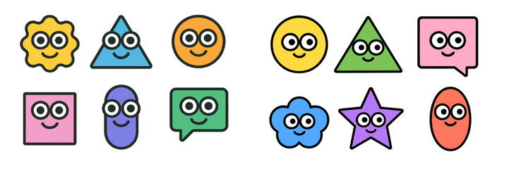Set of cute cartoon geometric shapes with happy faces and bold outlines isolated on a white background