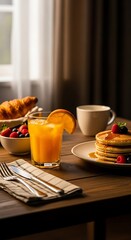 Breakfast Still Life - Pancakes, Orange Juice, and Coffee on Wooden Table.