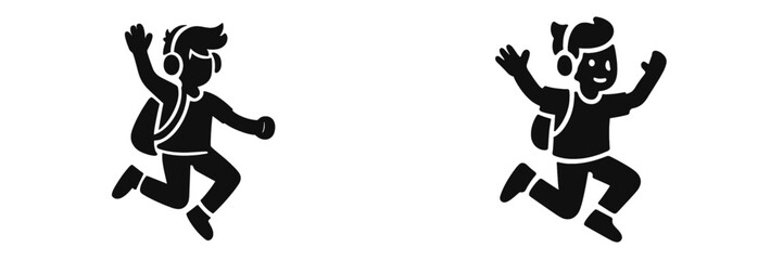 Simple black silhouette icon set of a happy student with headphones and a backpack jumping for joy on a white background