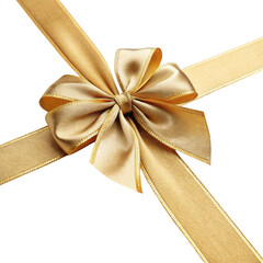 Elegant golden ribbon tied in a decorative bow with shimmering texture isolated on transparent background