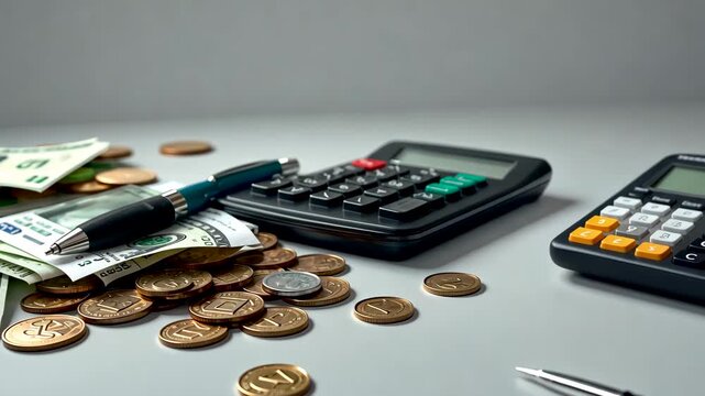 Office desk with calculator, scattered coins and bills used for accounting finance and budget calculation