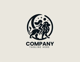 Lion woman face with strong gaze illustrated as mystical vector logo in elegant night inspired design style