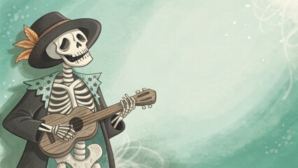 cheerful cartoon-style illustration of skeleton, dressed in hat and adorned clothing,playing ukulele against light green,dreamy background for websites or blogs about music,Day of the Dead,or whimsica