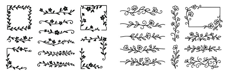 Collection of hand-drawn floral dividers and borders with botanical line art frames and decorative corner elements for design © Alan