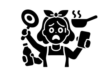 Stressed and overwhelmed person multitasking with cooking and phone calls, representing burnout and anxiety from household chores black glyph icon