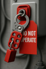 Red lockout tag with metal lock securing industrial switch for safety prevention