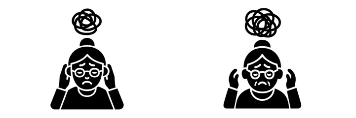 Elderly woman icon with anxiety and confusion symbol, senior citizen experiencing headache, stress, or dementia, mental health concept for seniors