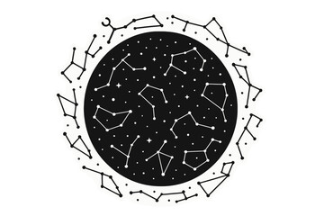 Black and white circular design with all twelve zodiac constellations arranged in a wheel for astrology and horoscope readings
