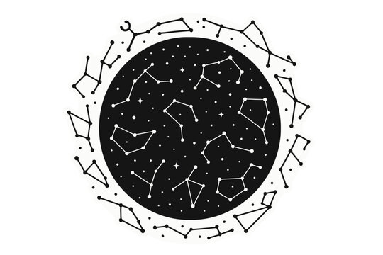 Black and white circular design with all twelve zodiac constellations arranged in a wheel for astrology and horoscope readings