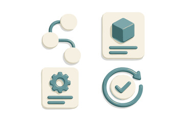 Business technology icons set with data flow, product file, settings, and process completion symbols