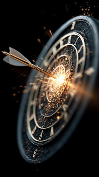 A glowing arrow hitting the bullseye of a target clock, symbolizing goal achievement and meeting deadlines.