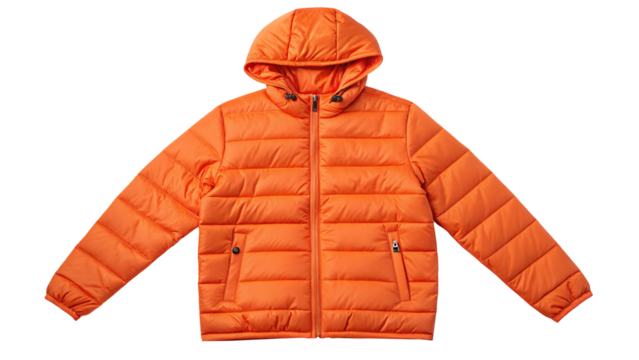 Vibrant orange puffer jacket with hood for winter outdoor travel and fashion style statement look