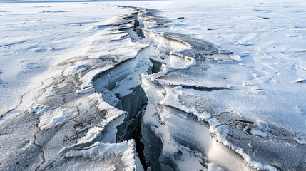 Frozen tundra in Alaska, cracks in ice.