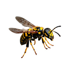 Closeup macro of a winged insect, like a wasp or fly, isolated on a white background with black and yellow details.